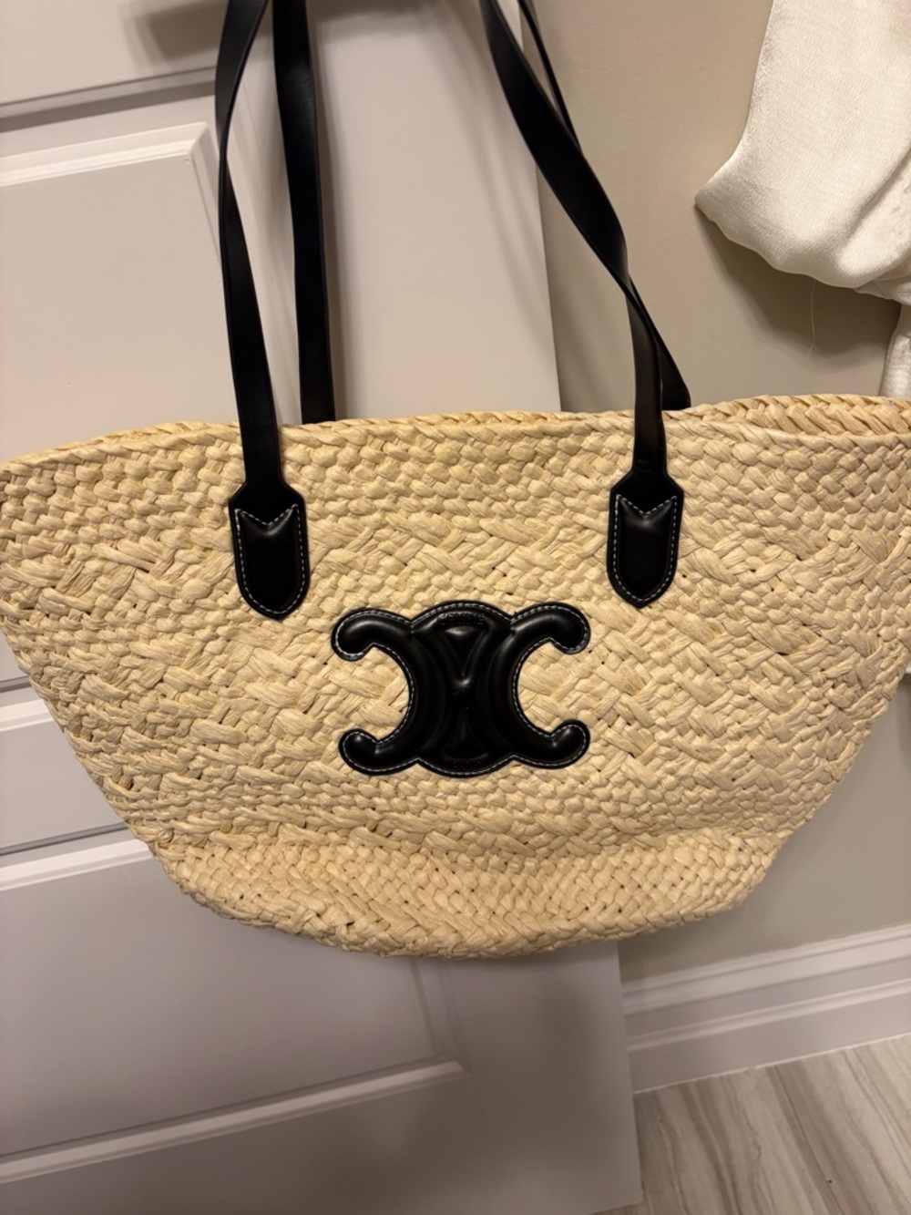 Designer Look Woven Straw Tote with Black Leather Look Trim